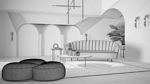 Unfinished project draft, elegant classic living room with archways and arche Stock Illustration