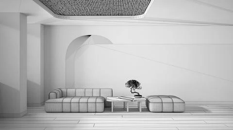 Unfinished project draft, elegant living room, modern sofa and pouf, table wi 스톡 일러스트