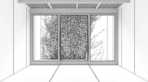 Unfinished project draft, empty room, exterior garden interior design, open s Stock Illustration