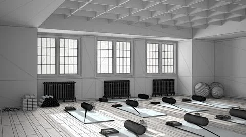 Unfinished project draft of empty yoga studio interior design, classic open s Stock Illustration