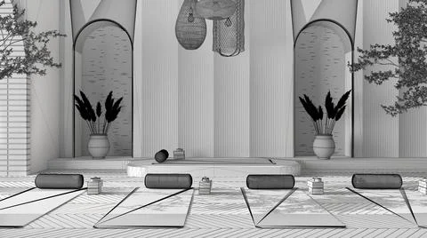 Unfinished project draft, empty yoga studio interior design, western japanese Stock Illustration