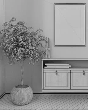 Unfinished project draft, frame mockup, close up of cozy wooden living room,  Illustrazione stock