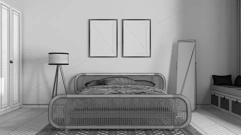 Unfinished project draft, frame mockup, modern wooden bedroom with rattan fur Stock Illustration