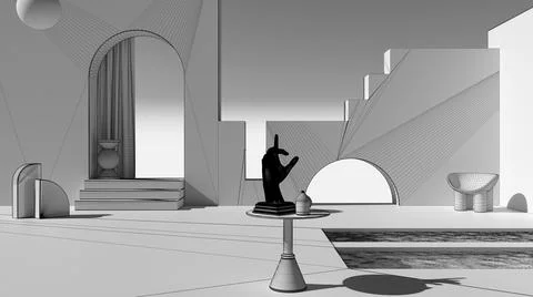Unfinished project draft, imaginary fictional architecture, dreamlike empty s Illustrazione stock