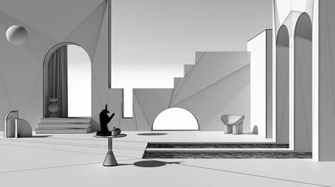 Unfinished project draft, imaginary fictional architecture, dreamlike empty s Stock Illustration