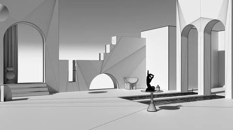 Unfinished project draft, imaginary fictional architecture, dreamlike empty s Stock Illustration