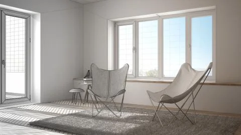 Unfinished project draft interior design, minimal living room with armchair c Stock Illustration