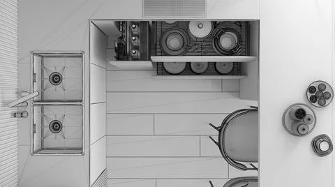Unfinished project draft, kitchen close up with open drawers with accessories Stock Illustration