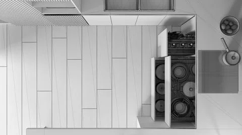 Unfinished project draft, kitchen close up with open drawers with plates, pot Stock Illustration