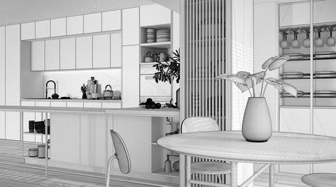 Unfinished project draft, kitchen, Island, parquet and decors. Dining table w Illustrazione stock