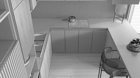 Unfinished project draft, kitchen in modern apartment, table, armchairs. Sink 스톡 일러스트