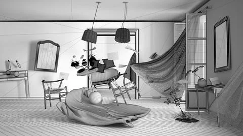 Unfinished project draft, living room, home chaos concept with chairs and tab 库存插图