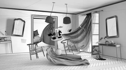 Unfinished project draft, living room, home chaos concept with chairs and tab Stock-Illustration
