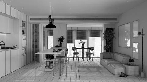 Unfinished project draft, living room, kitchen and dining room in dark and wo Stock Illustration