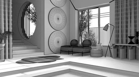 Unfinished project draft, metaphysical abstract object for flat living room i Stock Illustration