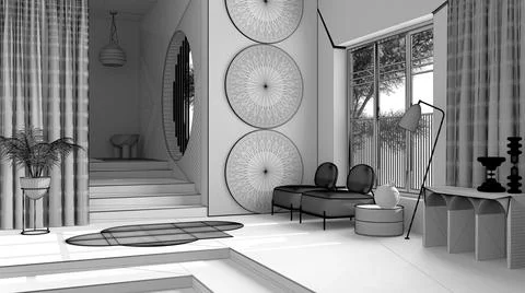 Unfinished project draft, metaphysical abstract object for flat living room i Stock Illustration