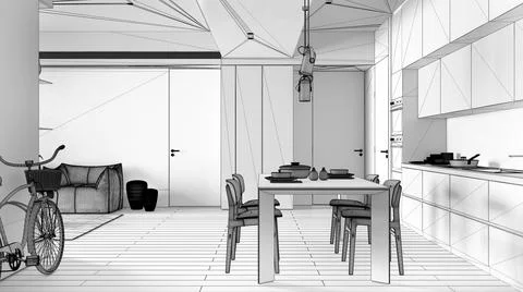 Unfinished project draft, minimalist kitchen with dining room, dining table w Illustrazione stock