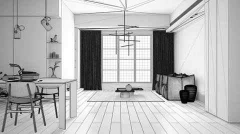 Unfinished project draft, minimalist kitchen with dining room, dining table w 스톡 일러스트