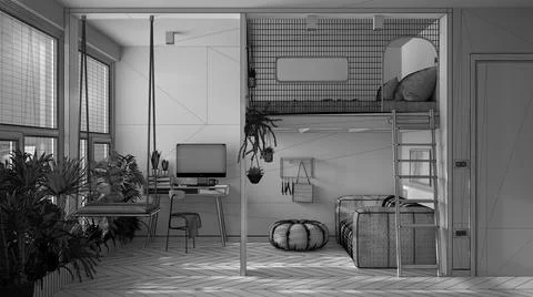 Unfinished project draft, minimalist studio apartment with loft bunk double b Stock Illustration