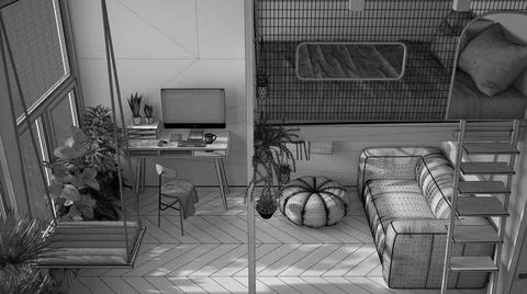 Unfinished project draft, minimalist studio apartment with loft bunk bed and  Stock Illustration