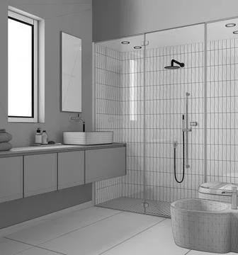Unfinished project draft, modern bathroom, spa, concrete tiles floor, large s Stock Illustration