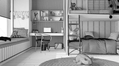 Unfinished project draft, modern bedroom with bunk bed, parquet floor, big wi 스톡 일러스트
