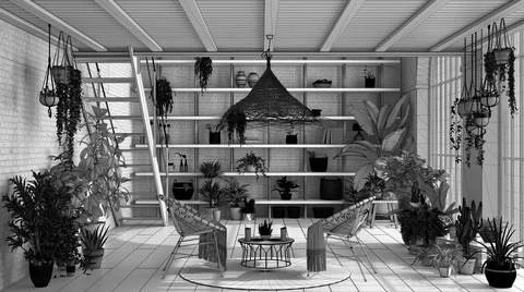 Unfinished project draft, modern conservatory, winter garden interior design, Stock Illustration