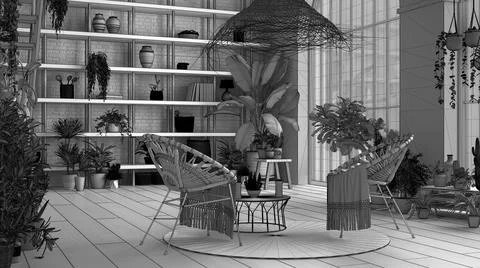 Unfinished project draft, modern conservatory, winter garden interior design, Stock Illustration