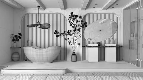 Unfinished project draft, modern creative bathroom, open space with parquet f 스톡 일러스트
