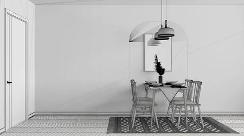 Unfinished project draft, modern dining room with table set and vintage scand Stock Illustration