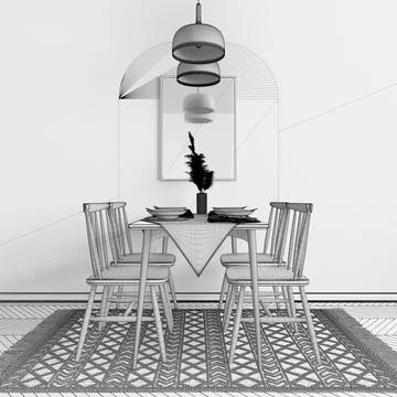 Unfinished project draft, modern dining room with table set and vintage scand Stock Illustration