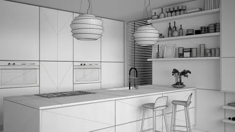 Unfinished project draft of modern kitchen with shelves and cabinets, island  Stock Illustration