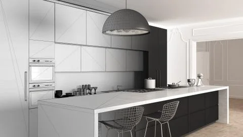 Unfinished project draft, modern kitchen in classic apartment, cabinets and i Stock Illustration