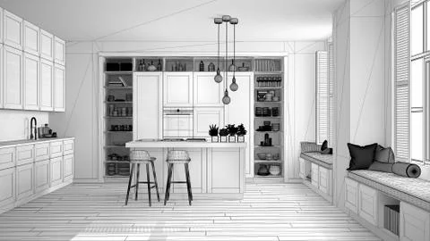 Unfinished project draft of modern kitchen in contemporary luxury apartment,  Ilustração Stock