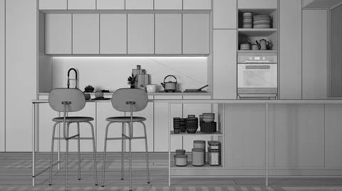 Unfinished project draft, modern kitchen, Island with stools, parquet. Oven,  Stock Illustration