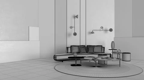 Unfinished project draft, modern living room, lounge with sofa, coffee table, Illustrazione stock