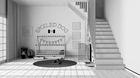 Unfinished project draft, modern space devoted to pets, dog room interior des Stock Illustration