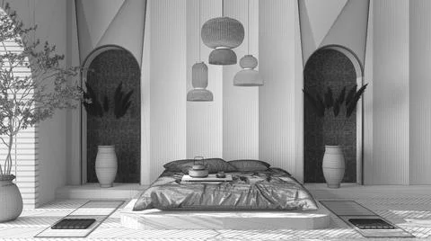 Unfinished project draft, molded plaster wall in zen eastern bedroom with mas Stock Illustration