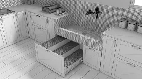 Unfinished project draft, pet friendly laundry room, close up, mudroom with c Stock Illustration