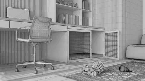 Unfinished project draft, pet friendly corner office, desk with chair, booksh Stock Illustration