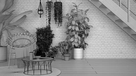 Unfinished project draft, rustic lounge, rattan armchair and coffee table, pa Illustrazione stock