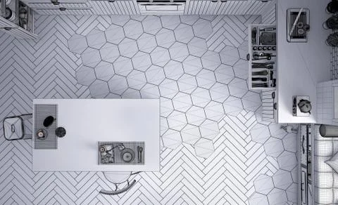 Unfinished project draft of scandinavian kitchen, with island, tiles and parq Stock Illustration