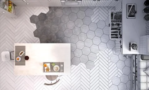 Unfinished project draft of scandinavian kitchen, with island, tiles and parq Stock Illustration