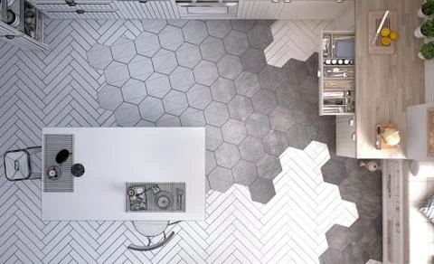 Unfinished project draft of scandinavian kitchen, with island, tiles and parq Stock Illustration