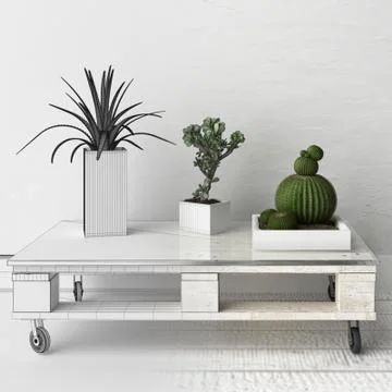 Unfinished project draft sketch of succulent plants on pallet coffee table Stock Illustration
