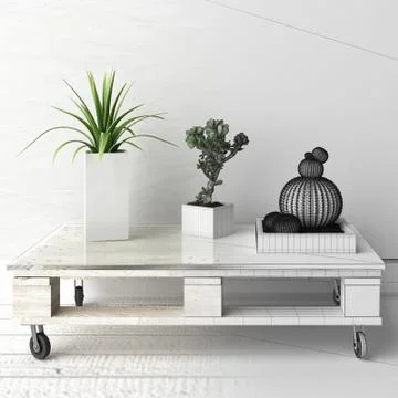 Unfinished project draft sketch of succulent plants on pallet coffee table Illustrazione stock