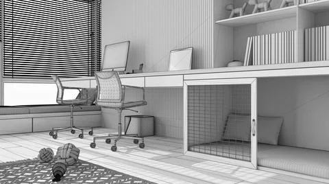 Unfinished project draft, smart working, pet friendly corner office, work fro Illustrazione stock