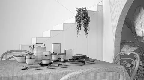 Unfinished project draft, vintage retro dining room with table and chairs, br Illustrazione stock