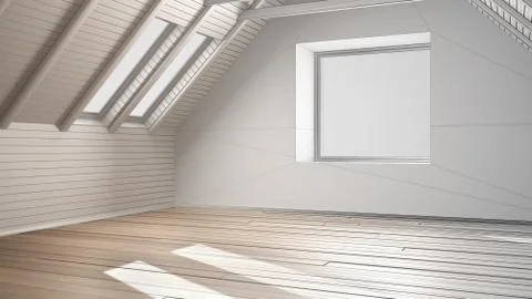Unfinished project of empty room, loft, attic, parquet wooden floor and woode 스톡 일러스트