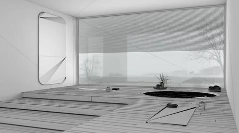 Unfinished project of empty yoga studio interior design, minimal space with s Stock Illustration